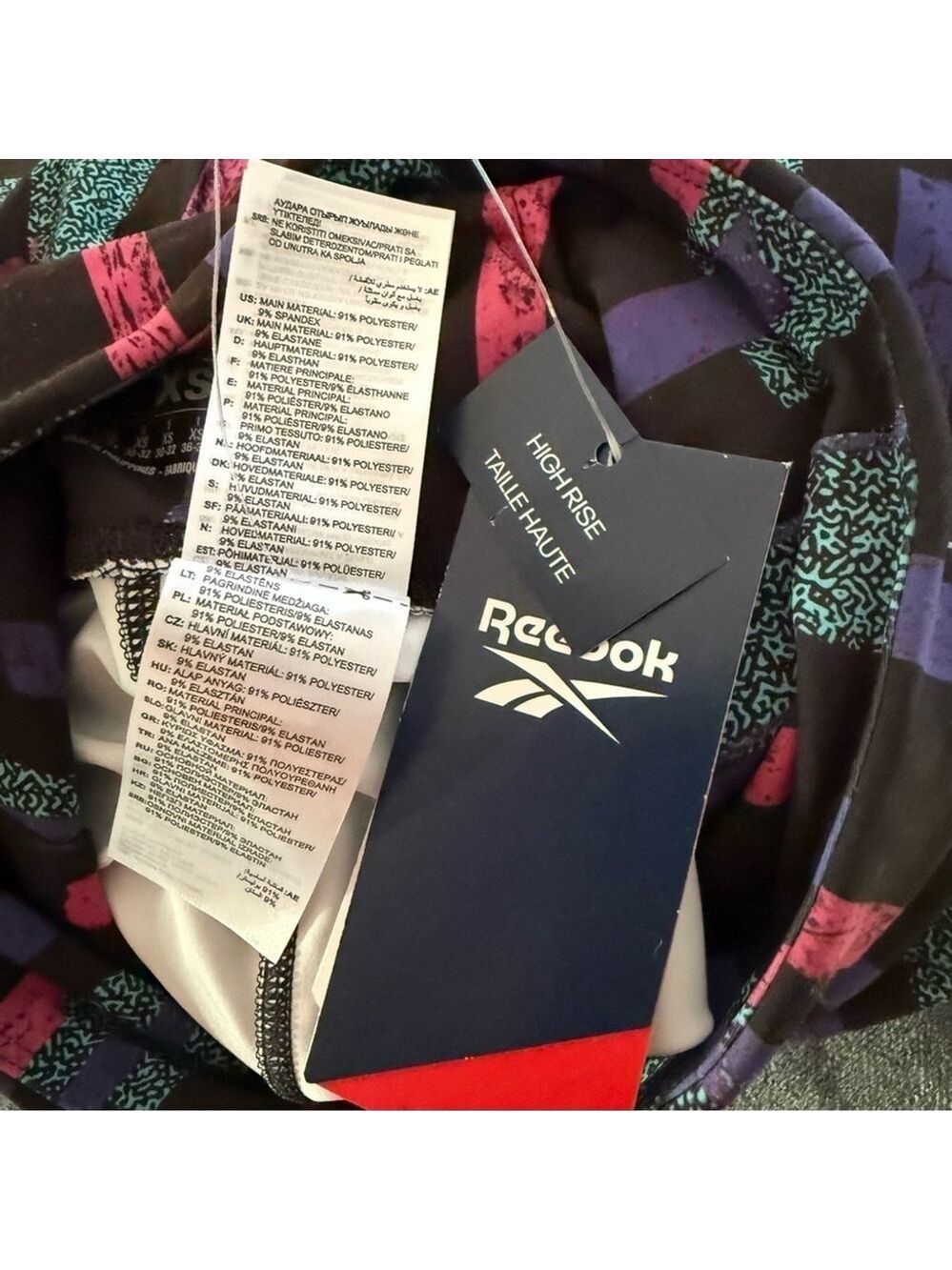 Reebok AOP Printed Leggings Black Pink Purple High Rise Speedwick Activewear XS - Picture 10 of 12